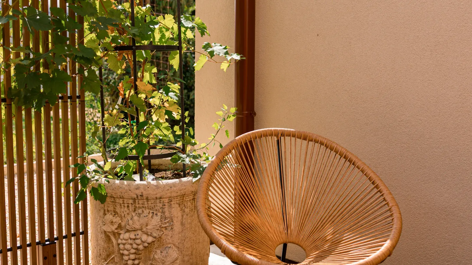 Deux chaises en osier avec des pieds métalliques sur un balcon en bois, à côté d'un grand pot de fleurs avec une plante grimpante